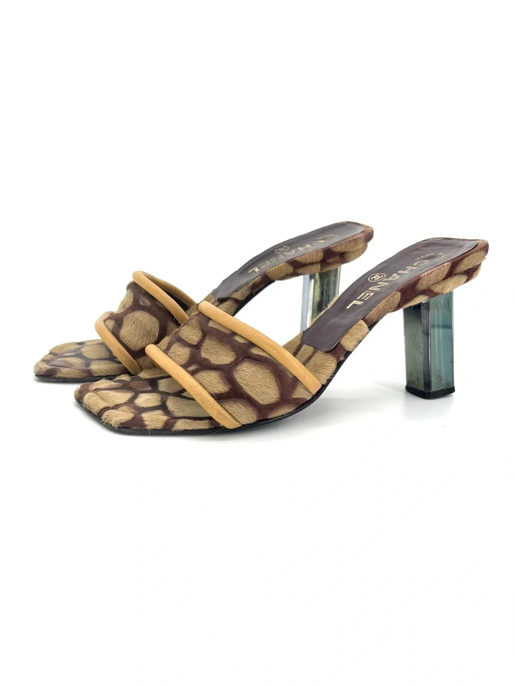 Chanel Vintage CC Animal Print Ponyhair Square Toe Slip On Mules Sandals 36